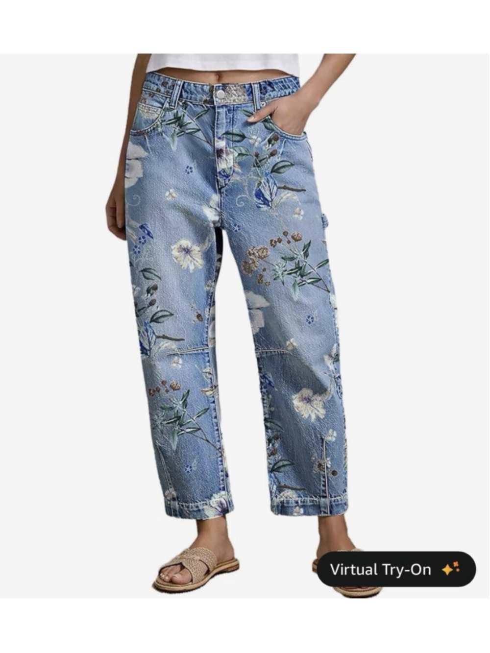 Flamingals Mid Rise Barrel Leg Jeans for Women Wash Floral Print Flap Casual 4XL